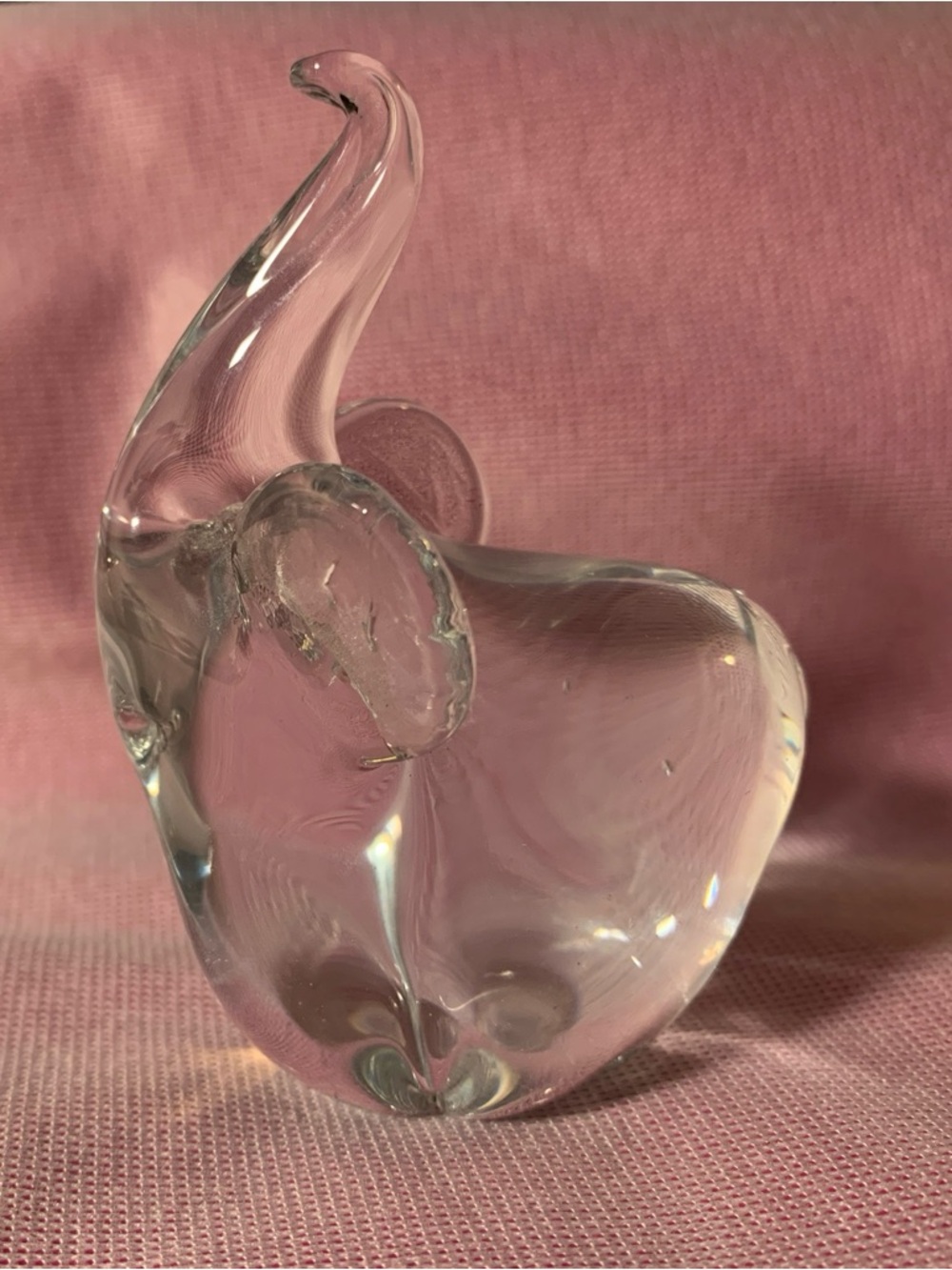 Crystal Clear Glass Elephant Paperweight. Trunk Up. 3”